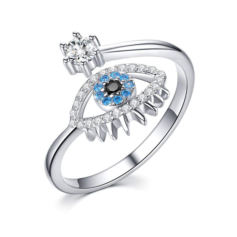 JUSTKIDSTOY Sterling Silver Evil Eye Ring Open Rings Adjustable Openable for Women (Silver) - Image 3